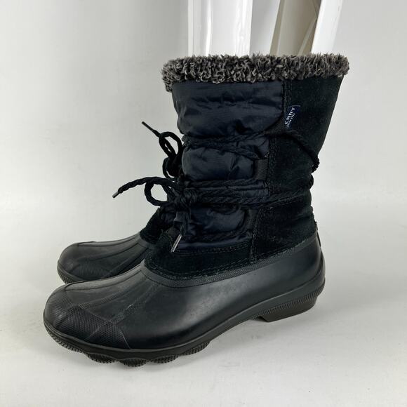 Sperry duck boots womens size 7 black faux fur lined waterproof winter shoes - Picture 5 of 11